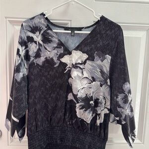 White House Black Market Black and Gray Floral Blouse